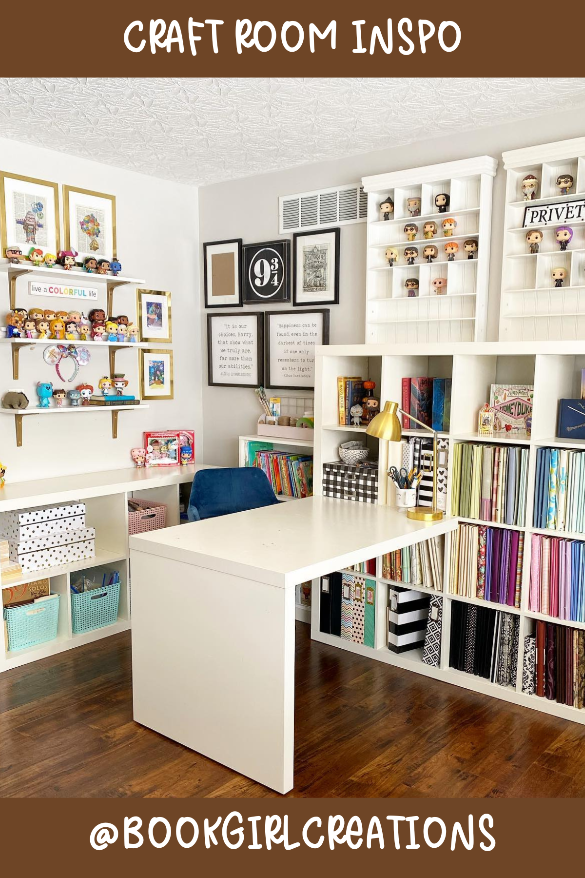 @bookgirlcreations – The ultimate cozy corner for any crafter! With an organized bookshelf, comfy chair, and an L-shaped desk, this room is a balance of workspace and display space. The fun décor pieces on the shelves give it a personal and inviting touch.