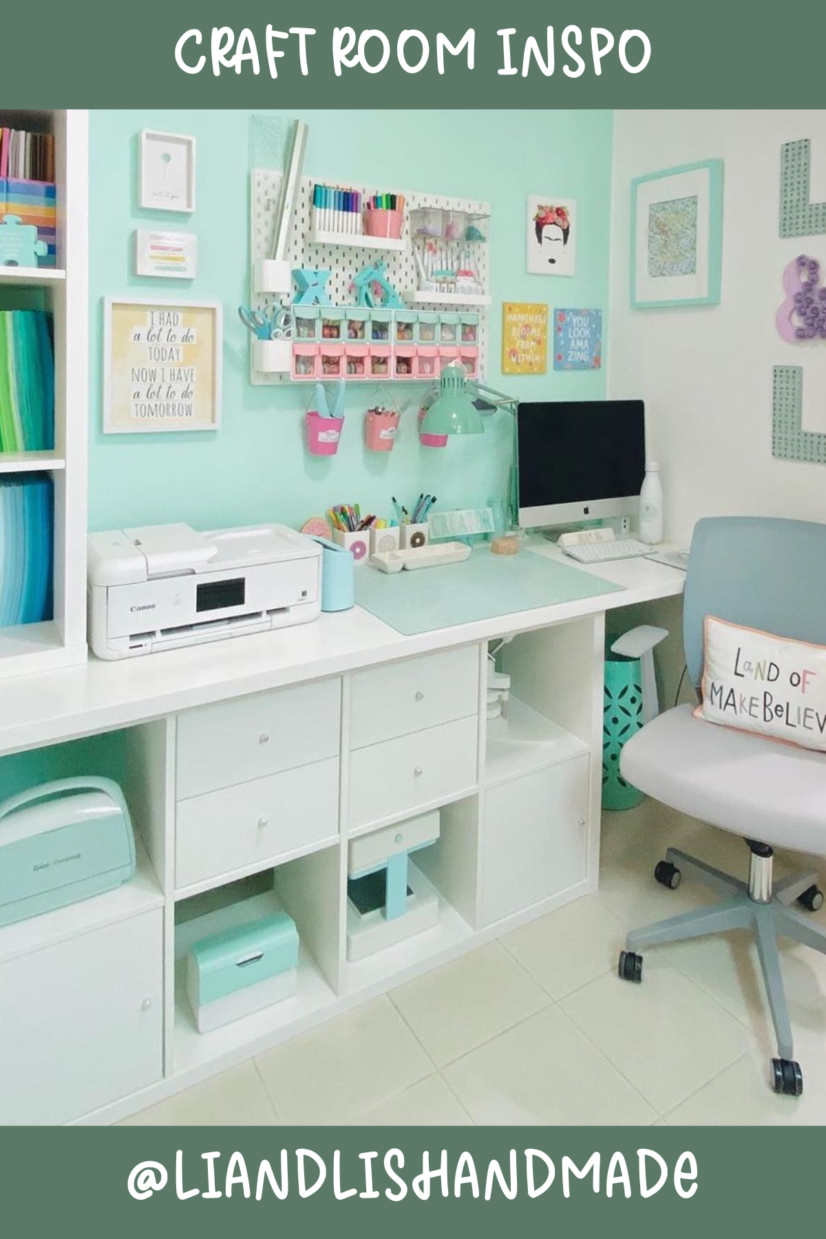 @liandlishandmade – Minimalistic and minty fresh! This space proves that you can keep things neat and stylish. The pegboard for tools and supplies is a great way to keep everything in reach, while the pops of pastel make it all the more inspiring.