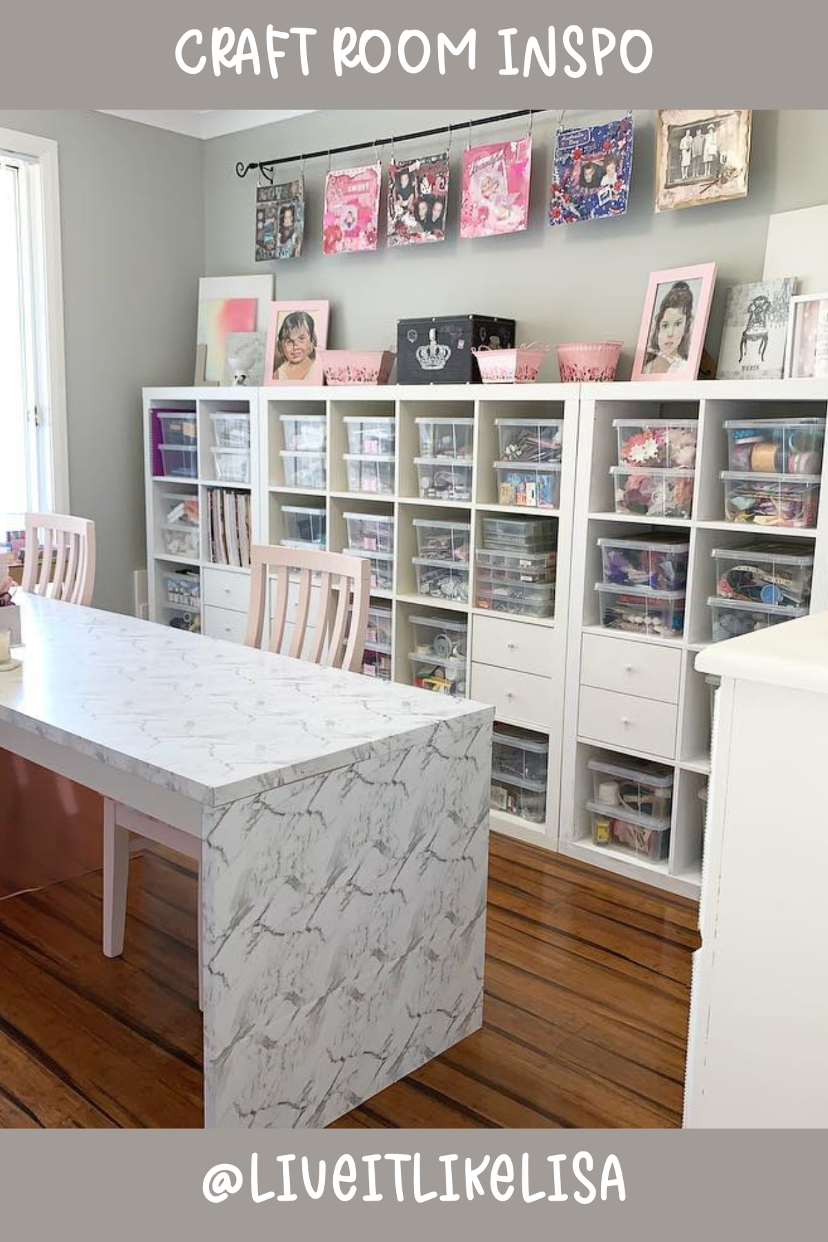 @liveitlikelisa – Chic and spacious! The marble-topped table is a dream for large projects, while the shelves lined with labeled containers make finding supplies a breeze. Love the hanging artwork above for some creative inspiration!