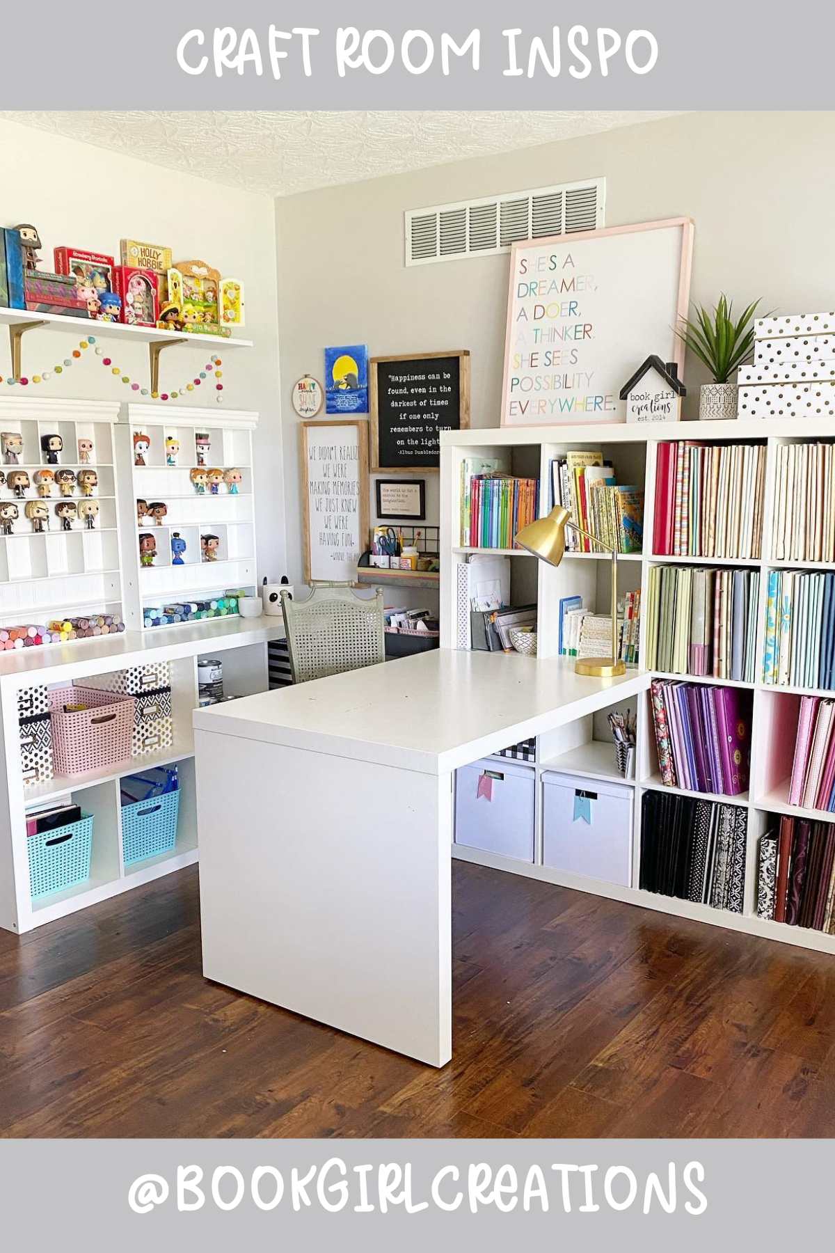 @bookgirlcreations – A wonderfully creative nook filled with vibrant colors! This craft room has all the storage you could dream of, with baskets and shelves for every crafty item. The L-shaped desk gives plenty of workspace while leaving room for decorative knick-knacks.