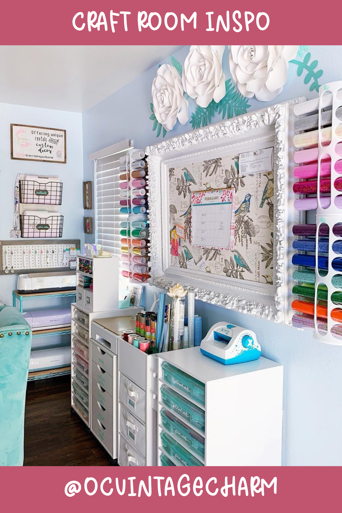 @ocvintagecharm – With beautiful ornate frames and a color-coordinated supply area, this craft room is a charming mix of vintage and modern. The racks for vinyl rolls are both practical and pretty, making this space perfect for creative projects.