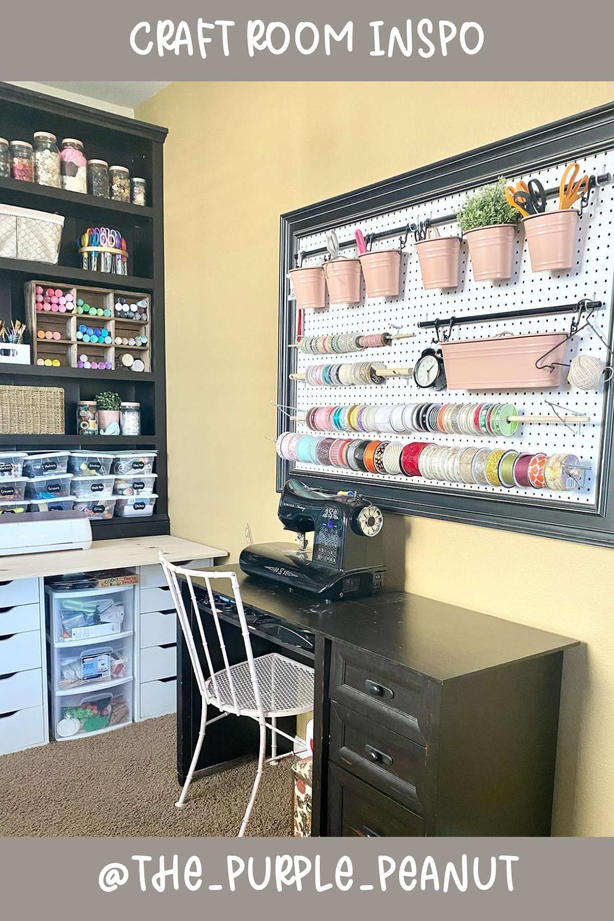 @the_purple_peanut – Organized bliss! The custom pegboard filled with ribbons and tools makes this craft corner super functional, while the dark furniture and pastel accents create a balanced and serene crafting environment.