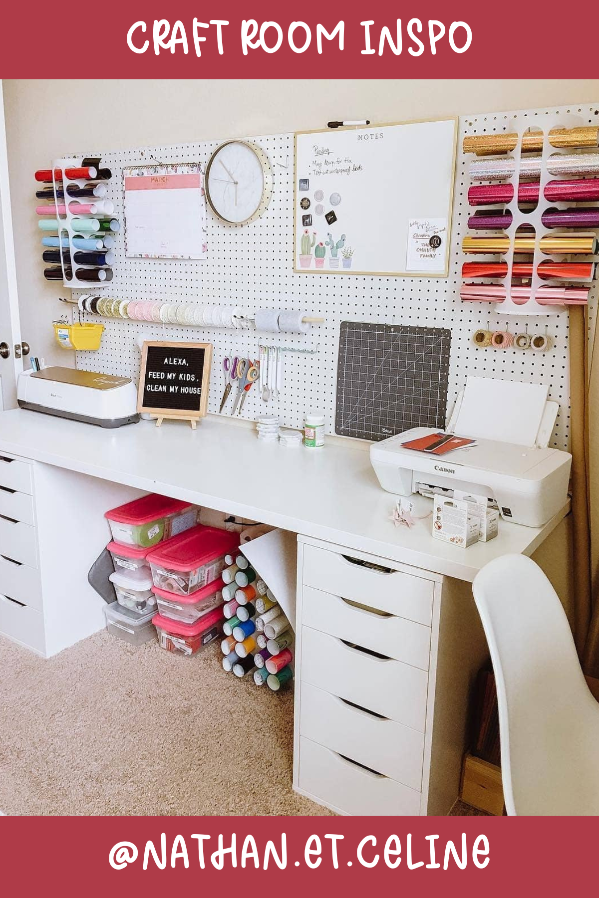 @nathan.et.celine – This pegboard setup is every crafter’s dream! With shelves for vinyl rolls, ribbons, and supplies, everything is perfectly in place. The sleek white desk and drawer combo give a clean, modern vibe to the whole space!