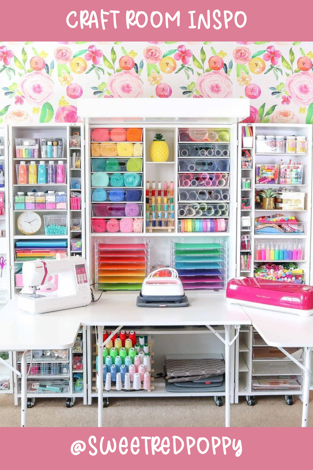 @sweetredpoppy – Rainbow paradise! With every supply imaginable organized by color, this craft room is a feast for the eyes. That stunning floral wall adds an extra burst of creativity, making this space as bright and cheerful as the projects that come out of it.