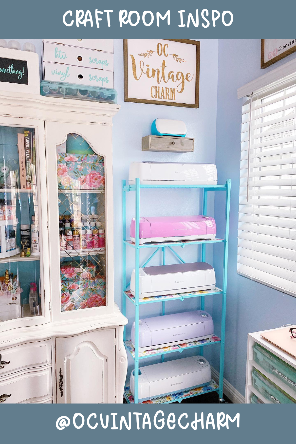 @ocvintagecharm – A mix of vintage elegance and crafting organization! The shabby chic cabinet displays supplies beautifully, while the turquoise rack neatly holds multiple crafting machines. A perfect balance of style and practicality!