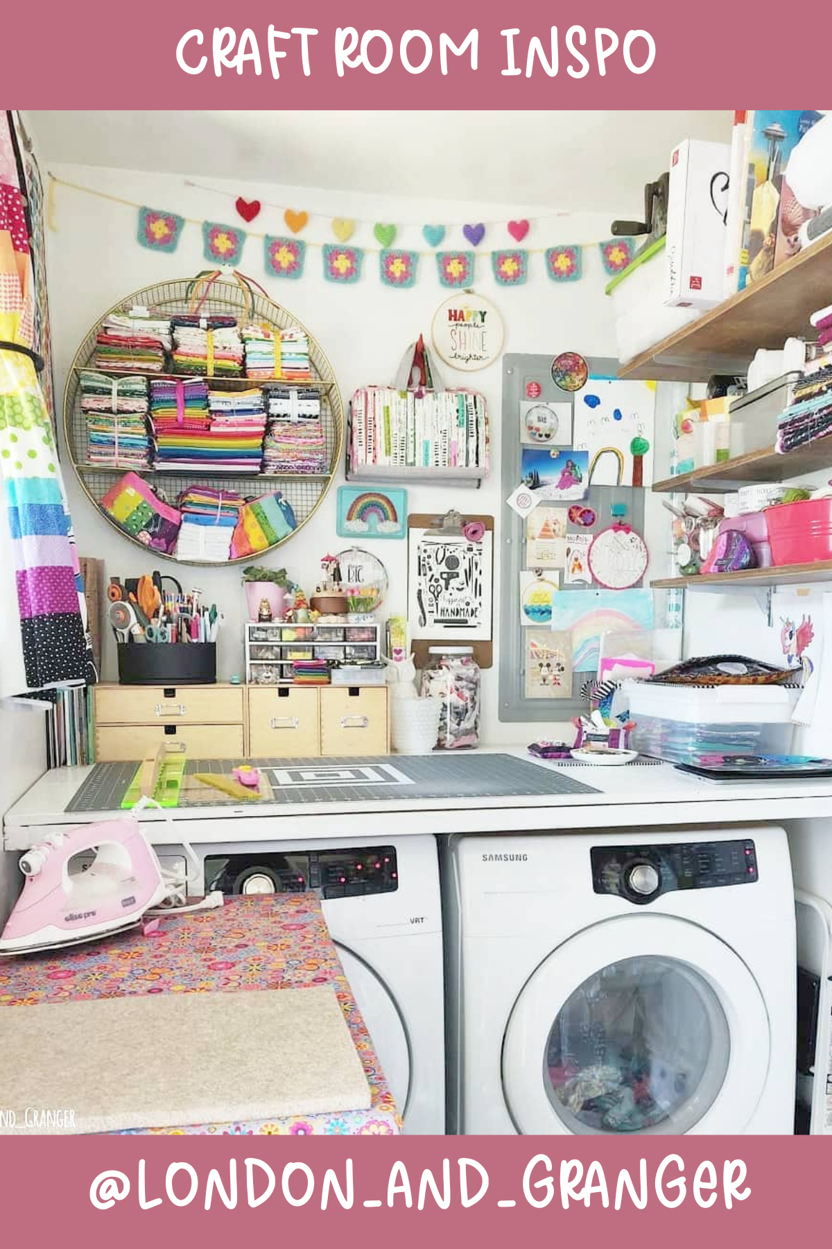 @london_and_granger – Multi-purpose genius! This craft room cleverly doubles as a laundry space while keeping a creative atmosphere. The bright garland and open shelves make it both functional and filled with a rainbow of fabric inspiration.