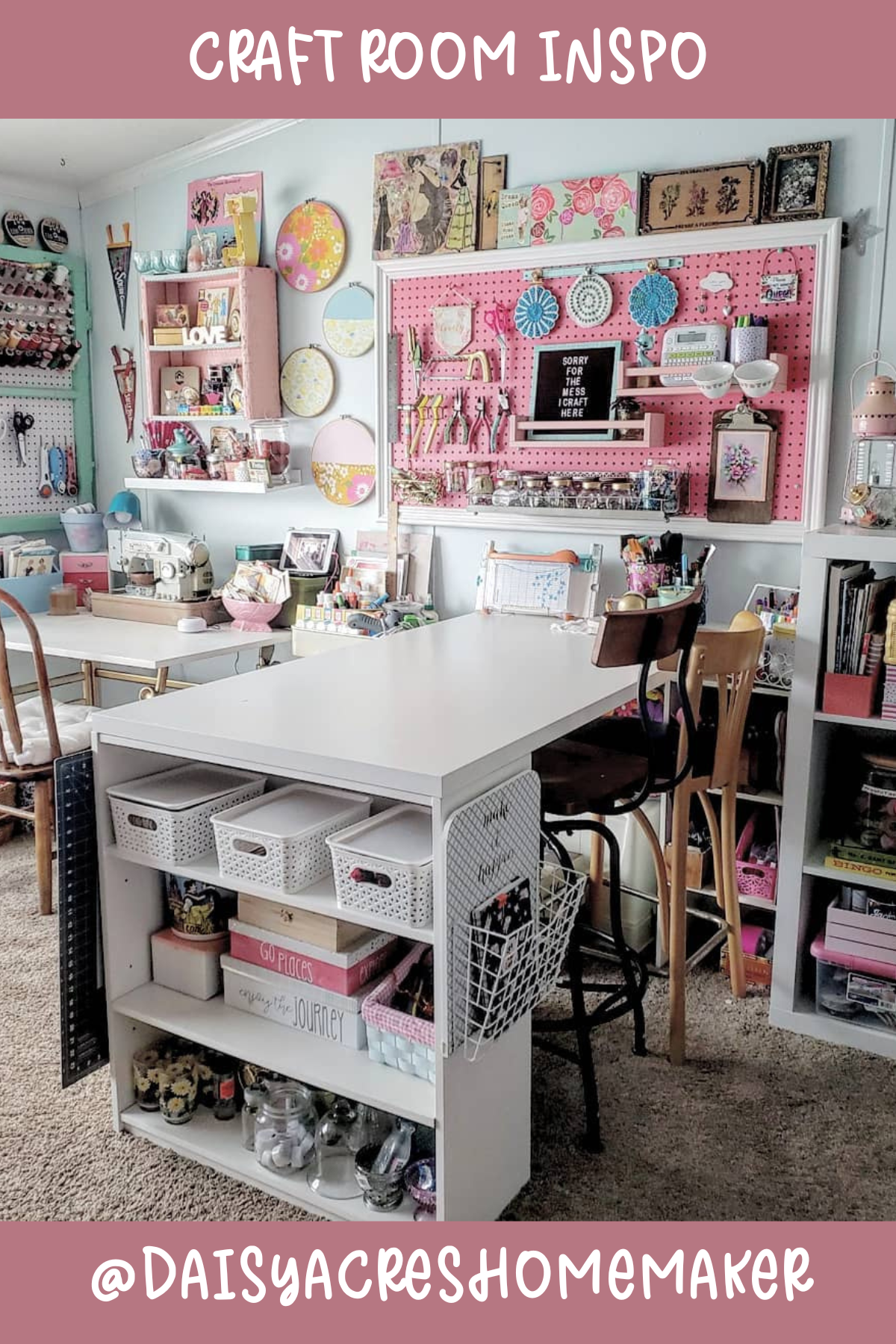 @daisyacreshomemaker – A crafty corner full of charm! The large pegboard offers room for all the tools and supplies, while the island in the center is perfect for working on multiple projects. Those decorative hoops on the wall are such a cute touch!