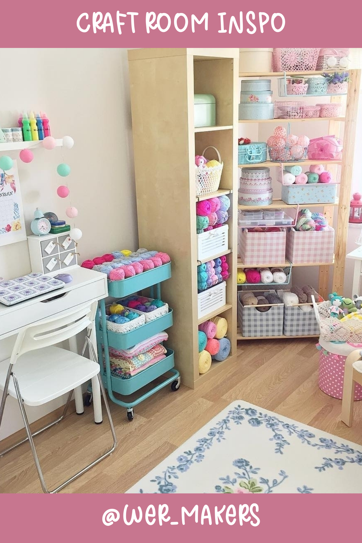 @wer_makers – This room screams cozy! With pastel bins, neatly organized yarn, and a cute turquoise rolling cart, it's a crafter's dream come true. Plus, those colorful pompoms strung across the wall? Adorable touch for keeping the vibe fun and creative!