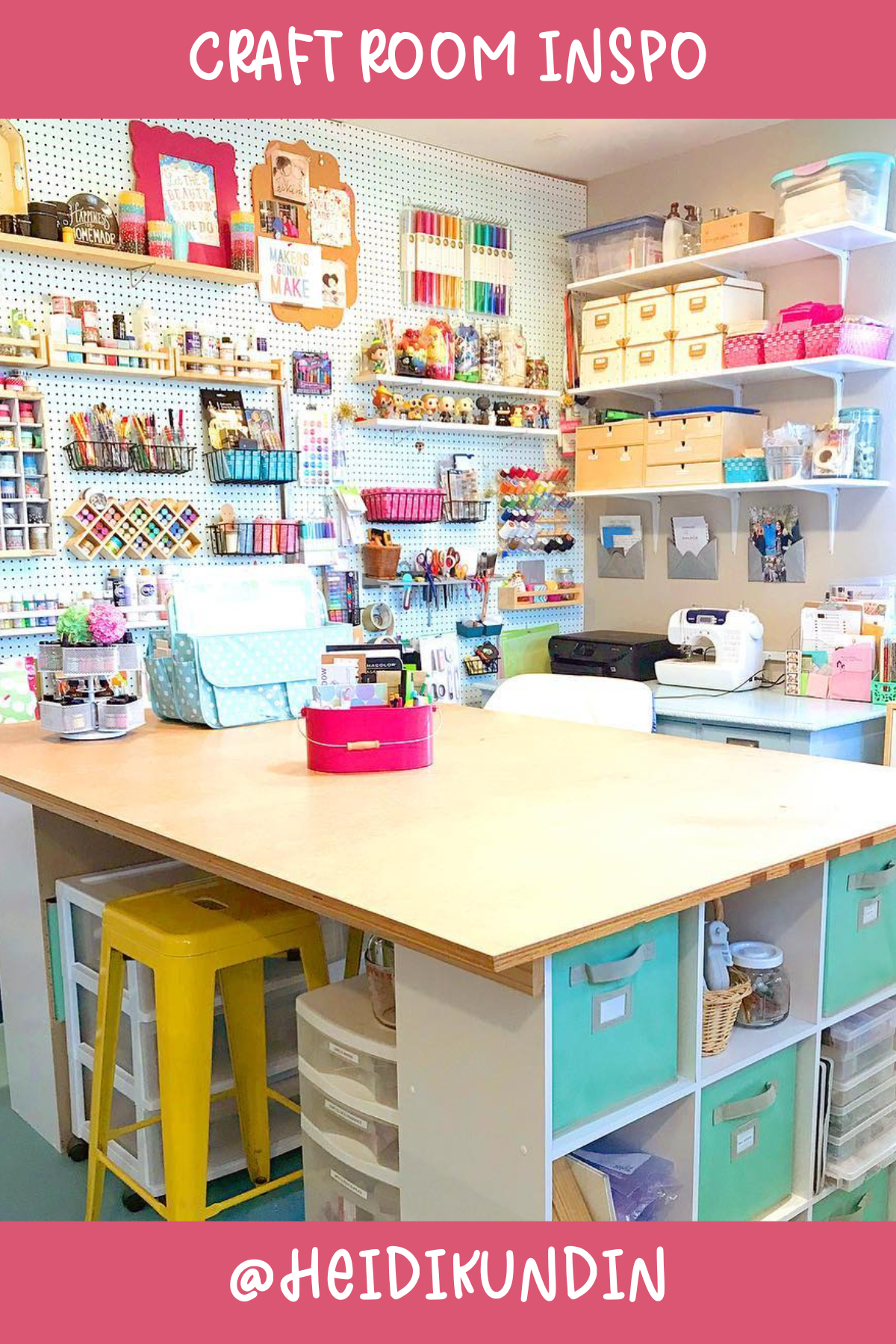 @heidikundin – Look at all that storage! This craft room is all about organization with bins, baskets, and a huge pegboard to keep everything in sight. The large crafting table in the middle is perfect for spreading out supplies and getting creative!