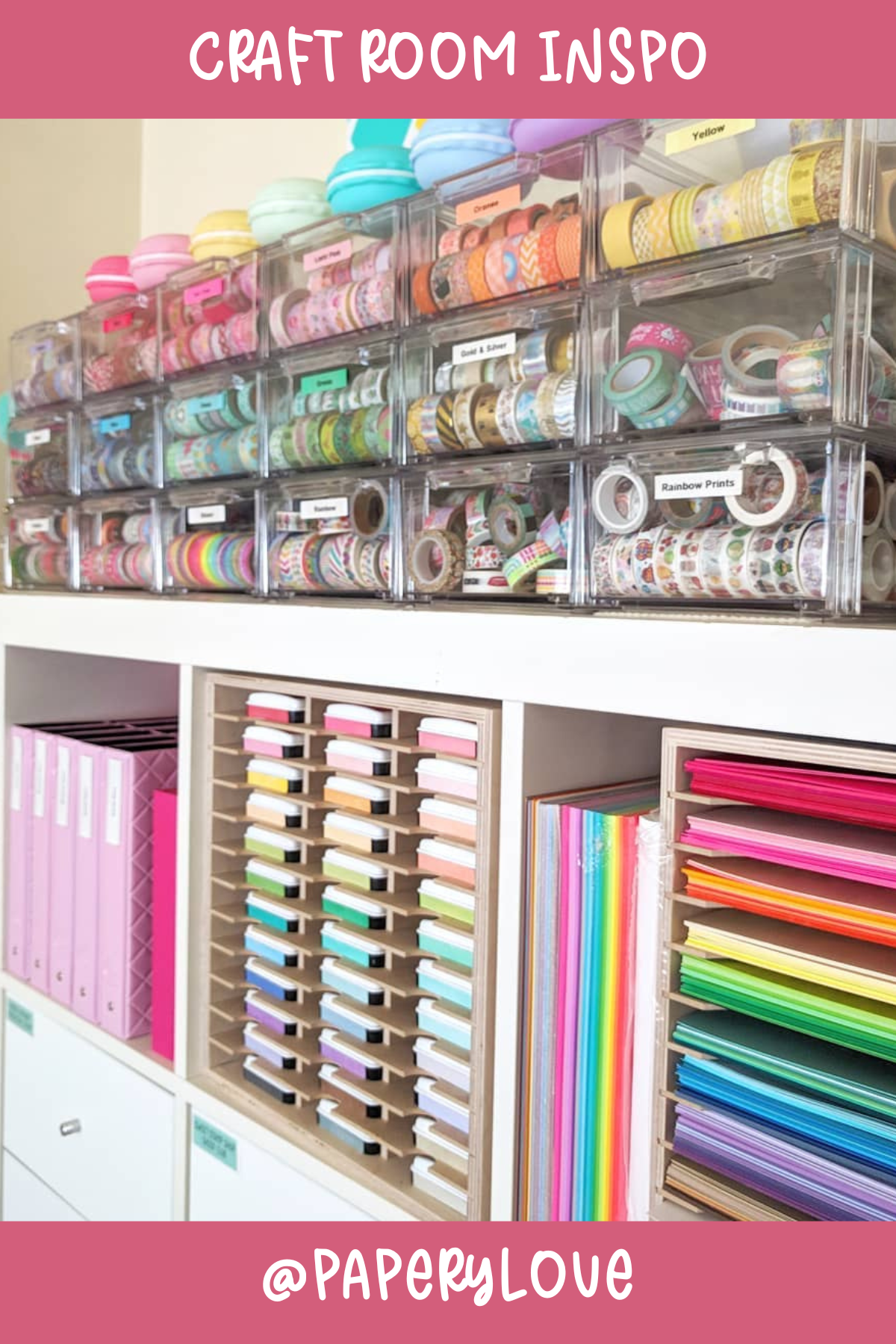 @paperylove – Washi tape lovers, rejoice! This craft room has a fantastic system for organizing all those washi tapes and paper supplies. The clear bins and rainbow order make it not only practical but oh-so-pretty to look at!