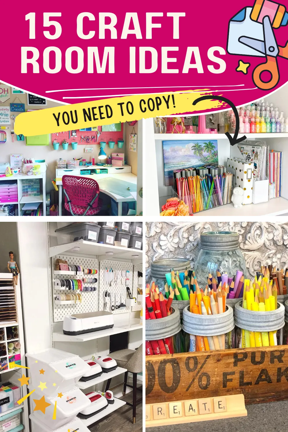These craft rooms are giving major organization envy (in the best way). Come peek inside 15 creative spaces packed with smart ideas! 📦🧶 #CraftRoomInspiration #StorageGoals #CraftyCorner
