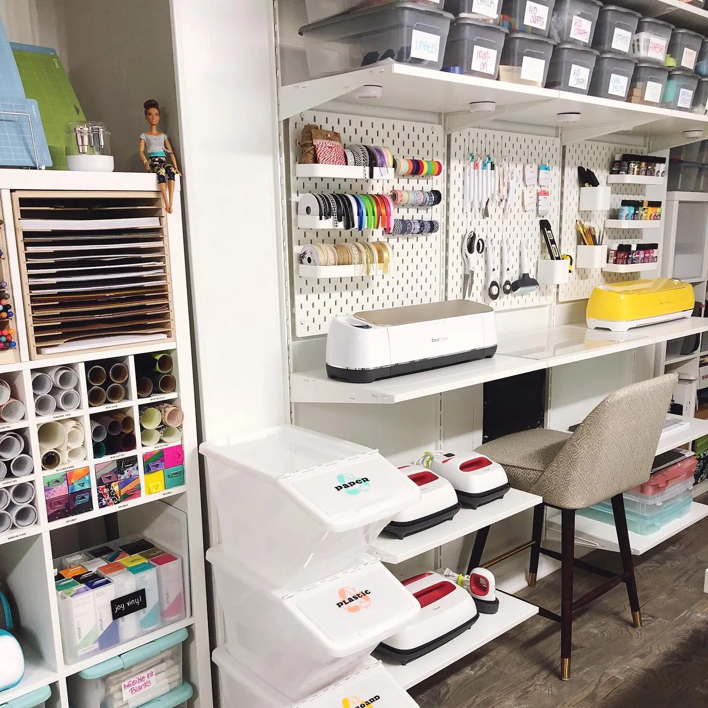 A well-planned pegboard and shelf combo keeps tools, ribbons, and machines in order while leaving plenty of workspace. Smart and stylish!