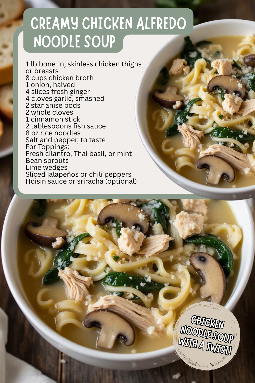 Creamy Chicken Alfredo Noodle Soup combines two comfort food classics—chicken noodle soup and creamy Alfredo pasta—into one cozy, indulgent bowl. Juicy chicken, tender egg noodles, mushrooms, spinach, and Parmesan come together in a rich, garlicky cream sauce for a soul-warming dinner your whole family will love.