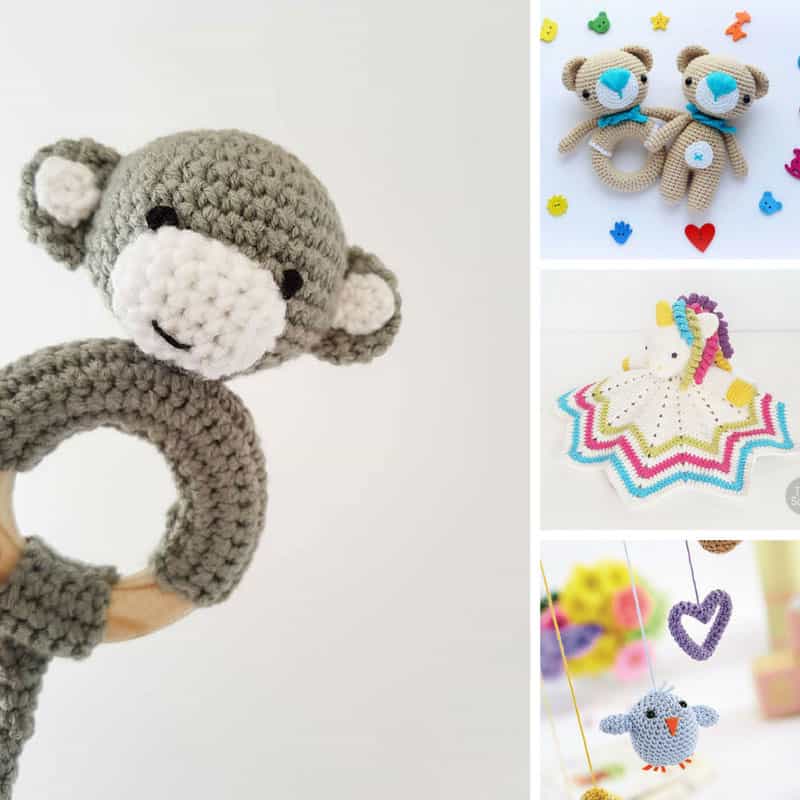 These crochet baby toy patterns are adorable! Especially that monkey rattle! Thanks for sharing!