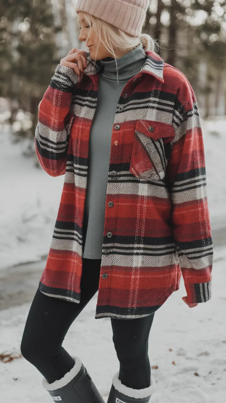 The shacket (shirt + jacket) trend is still going strong, and it’s perfect for snow outings when layered properly.