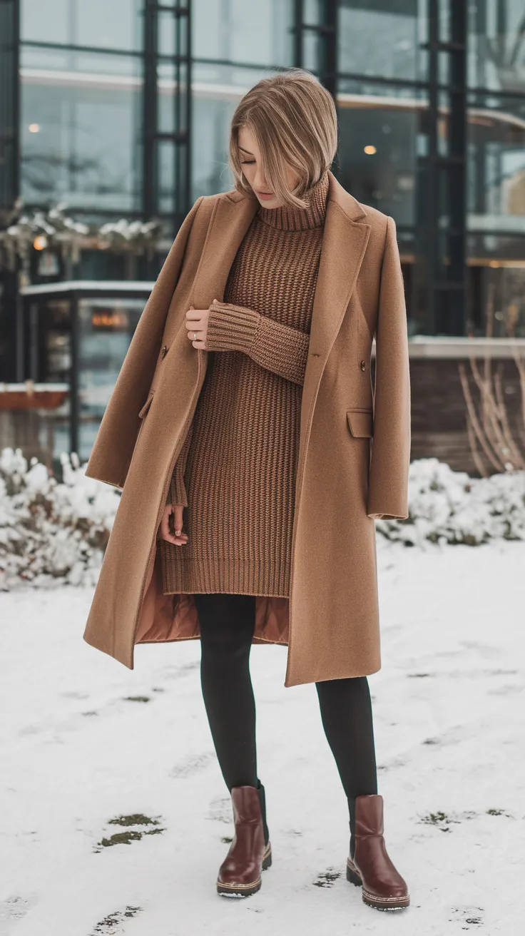 Wool coats are the epitome of winter elegance, and pairing them with a knitted dress creates a chic, layered look.