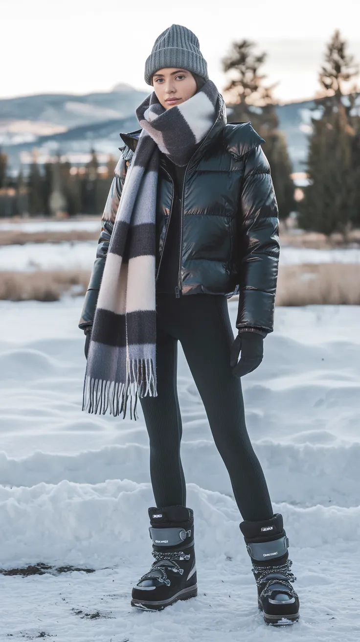 A timeless winter outfit that combines warmth, style, and practicality. The puffer jacket adds coziness, while leggings ensure comfort and mobility.