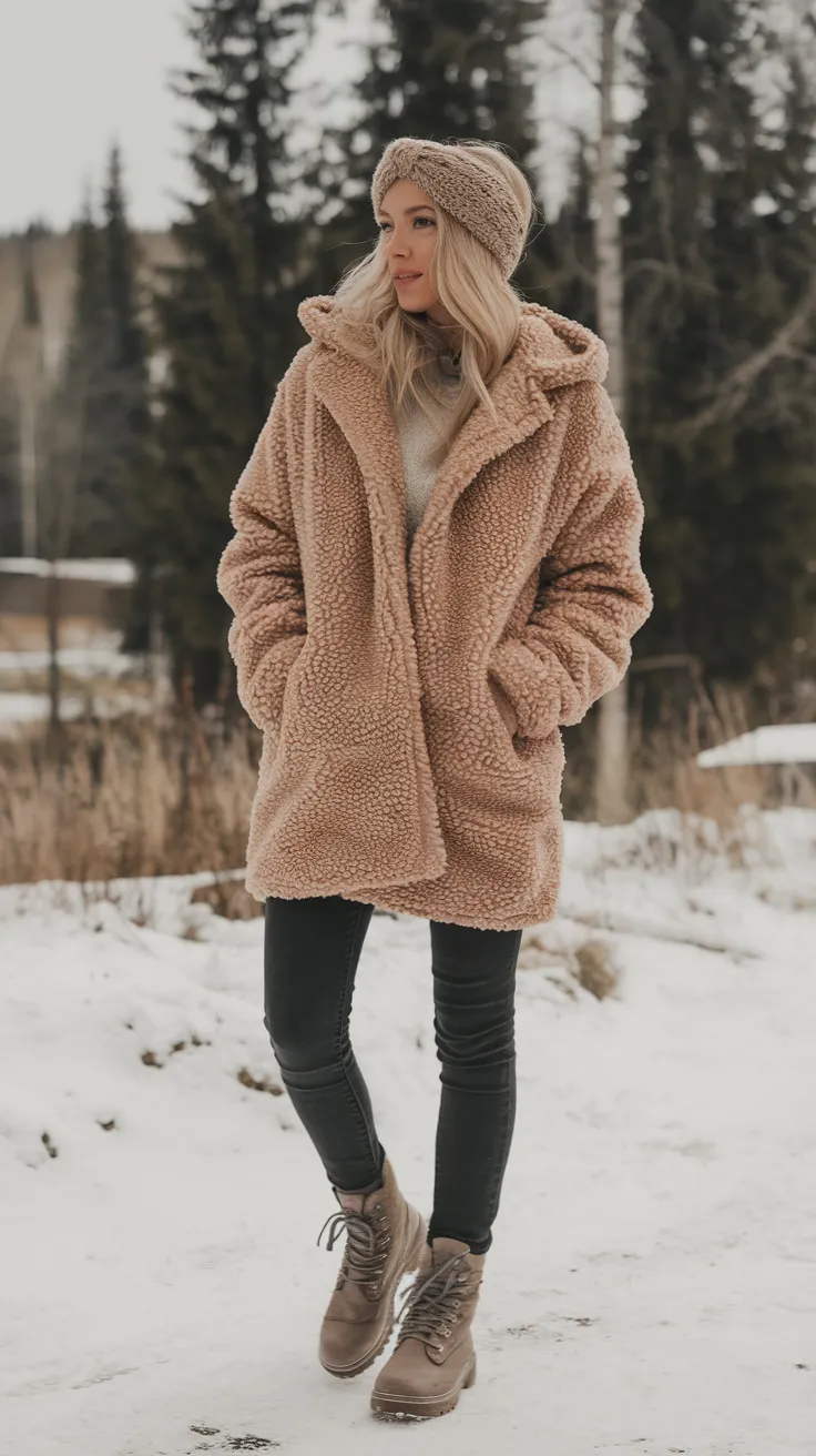 Teddy coats are fluffy, cozy, and endlessly stylish. Paired with skinny jeans, they create a balanced, chic winter look.