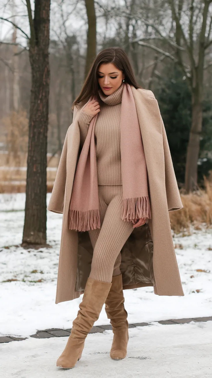 Knitted two-piece sets are cozy, trendy, and easy to style—perfect for a relaxed snow-day outing.