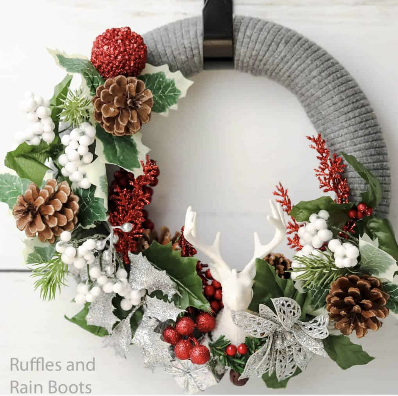 With earthy tones and a classic burlap bow, this wreath brings rustic charm right to your doorstep. It’s an easy project that captures the warmth and simplicity of a country Christmas. See the full tutorial.