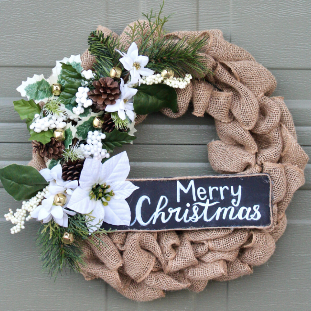 This easy burlap wreath combines cozy and festive for a welcoming front door. It’s simple, classic, and affordable! See the tutorial.