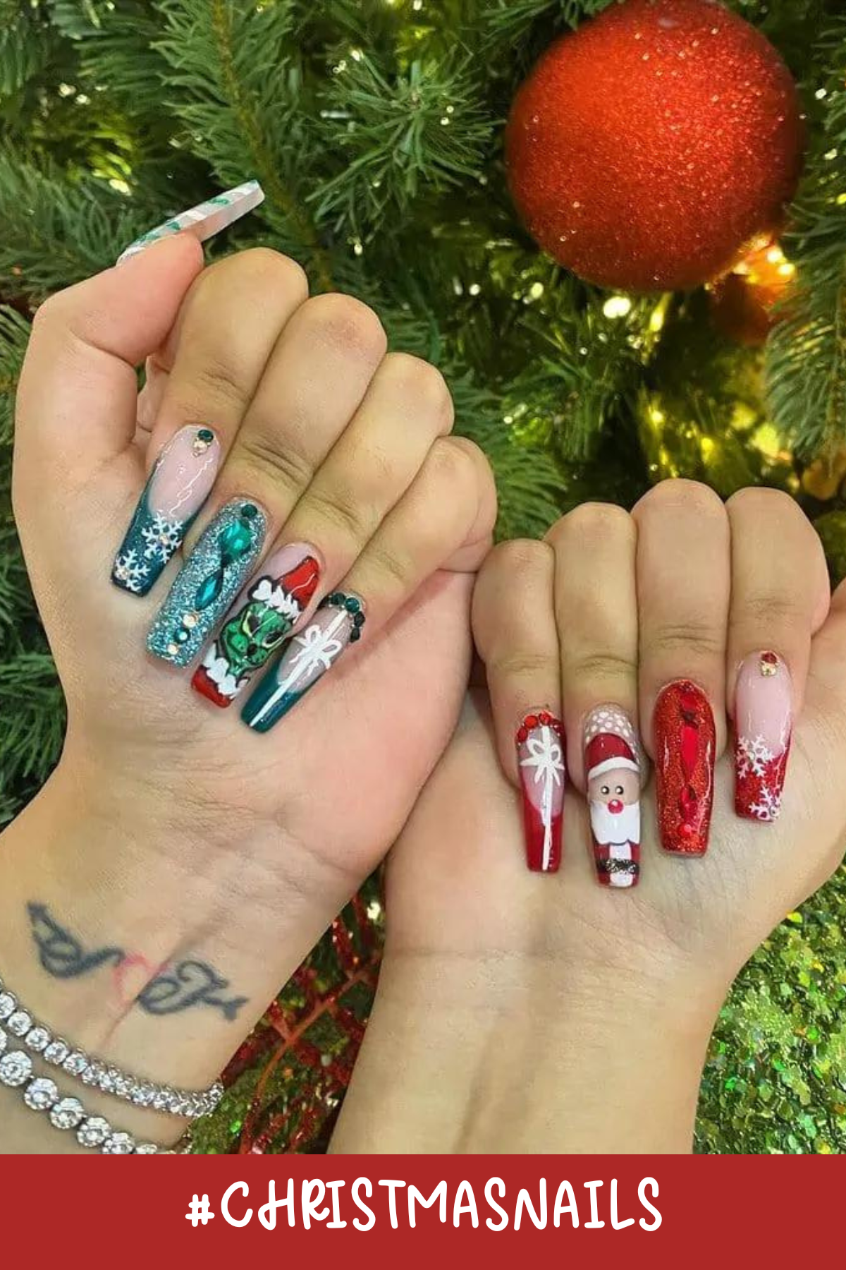 What do you do when you can't decide whether you want a traditional set of red and white Christmas nails or a Grinch-themed set... have one set per hand of course!