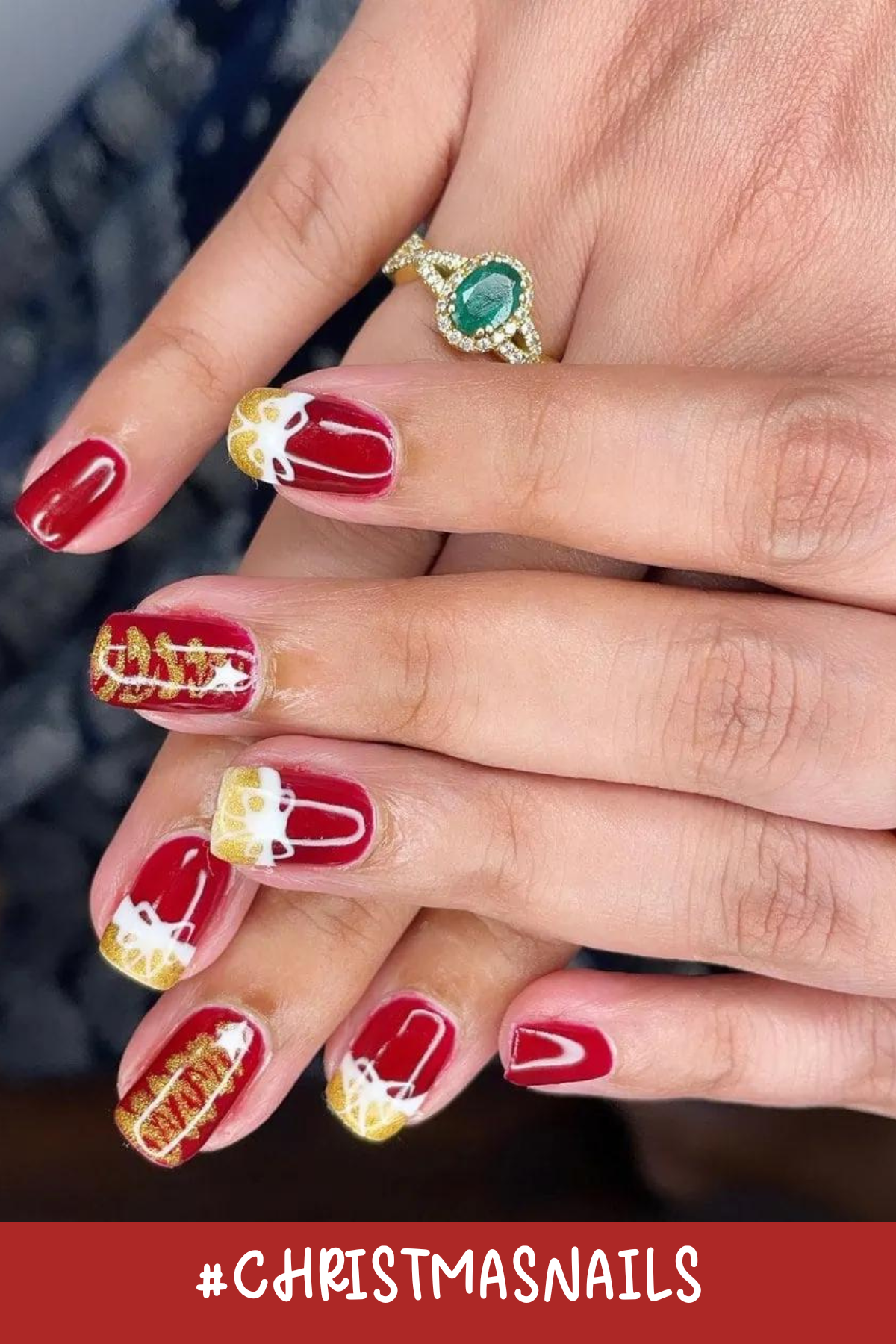 How festive are these nails?! The rich red polish paired with golden accents and delicate white ribbon detailing gives off a luxurious holiday present feel. It's like wearing a bit of Christmas magic on your fingertips!