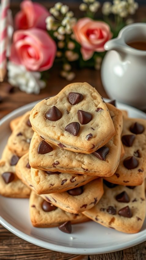 Heart-shaped chocolate chip cookies on a rustic table with floral background.