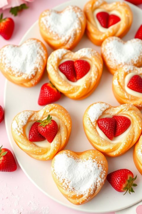 Delight your loved ones with these flaky heart-shaped puffs filled with creamy strawberry and cream cheese goodness. Perfect for Valentine’s Day or any special occasion! ?? #ValentinesDayTreats #HeartShapedDesserts #BakingLove #StrawberryDesserts #SweetIdeas