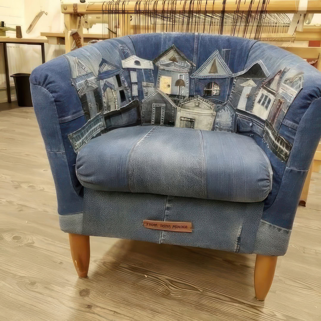 Use old denim jeans to recover an armchair