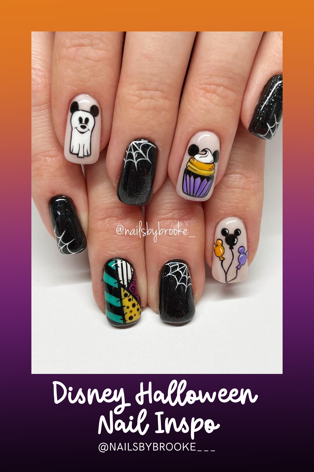 This nail set mixes Halloween cupcakes, Mickey balloons, and webs for a fun mix of spooky sweetness—ideal for a cute, festive look at MNSSHP!