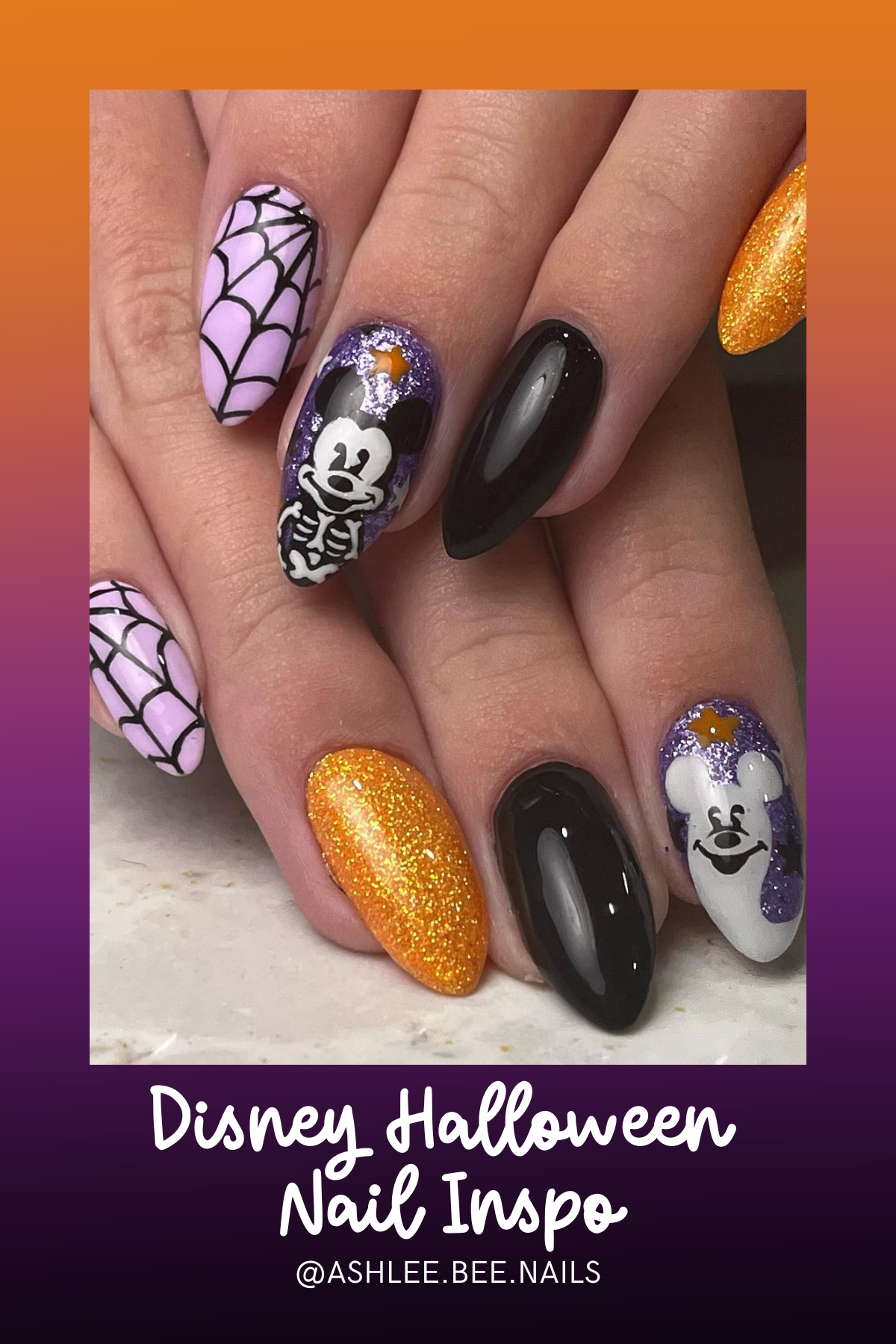 Nothing says Halloween magic like glittery orange, spider webs, and a fun Mickey skeleton! 