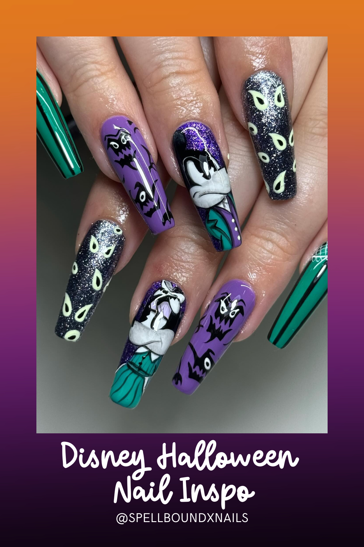 Get spooky and chic with this Haunted Mansion-inspired design featuring bold greens, purples, and batty details.