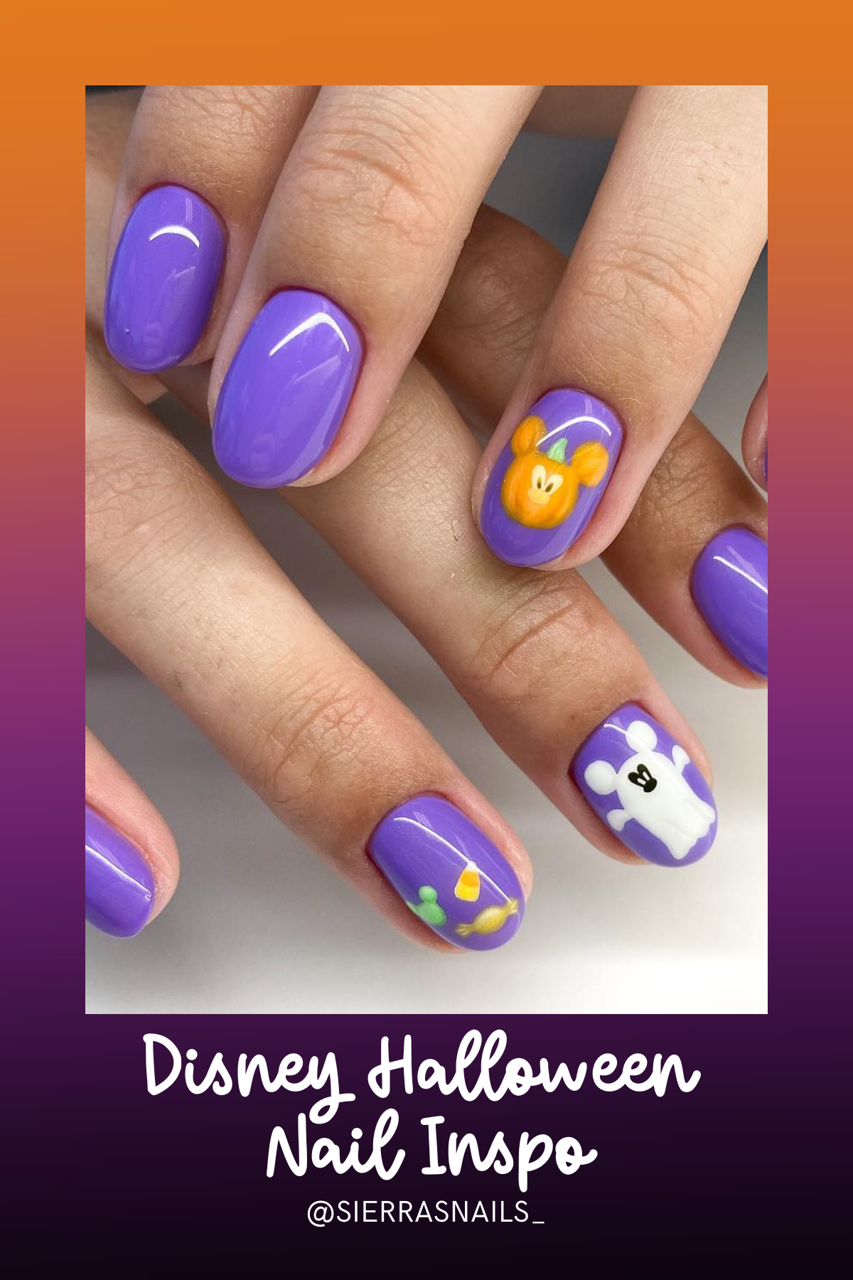 Purple never looked so festive! These glossy nails show off a Mickey pumpkin and candy corn—making them perfect for a sweet and spooky Disney look!