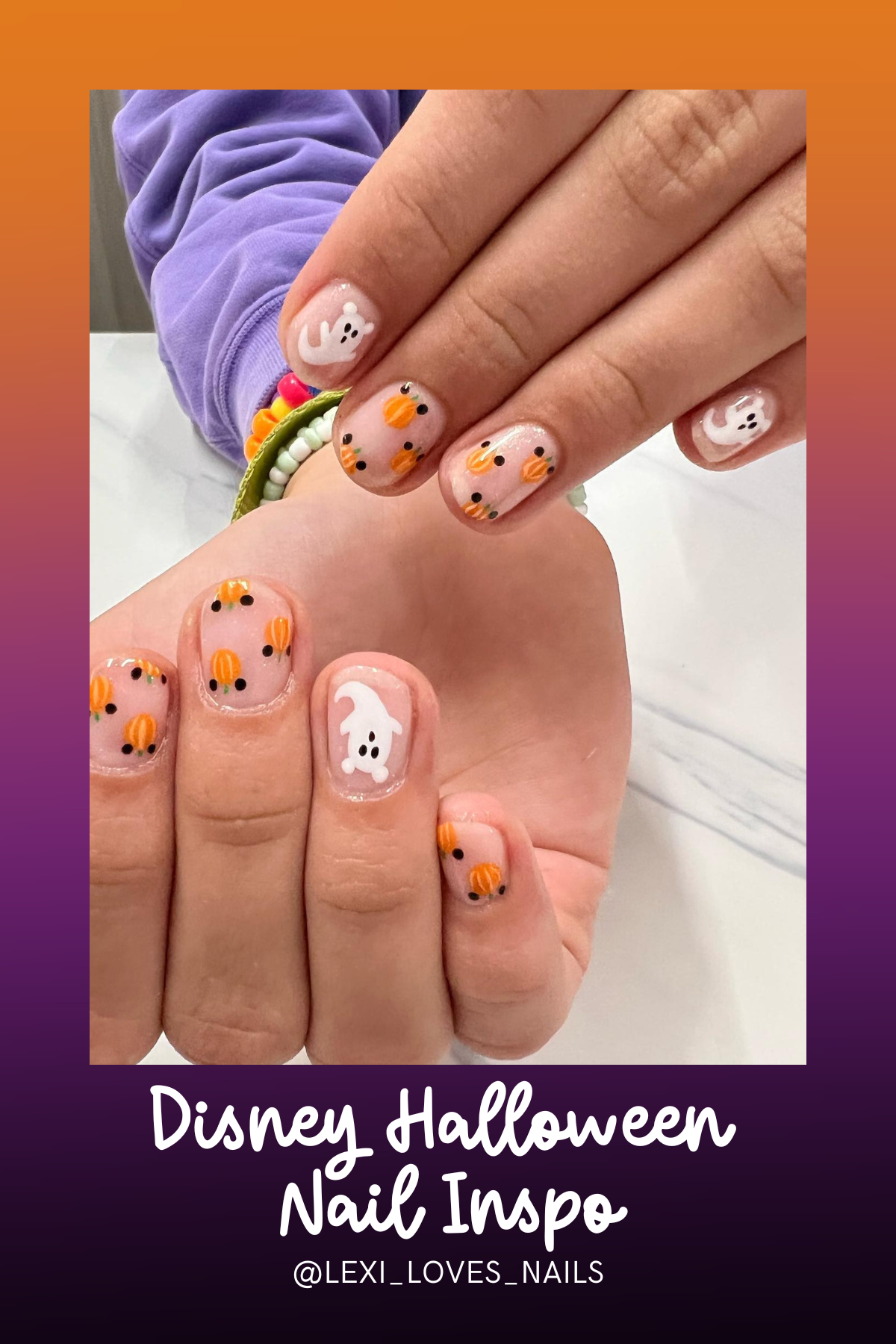 Tiny pumpkins and adorable little ghosts make these nails perfect for someone who loves subtle Halloween vibes but still wants to keep it cute and festive!