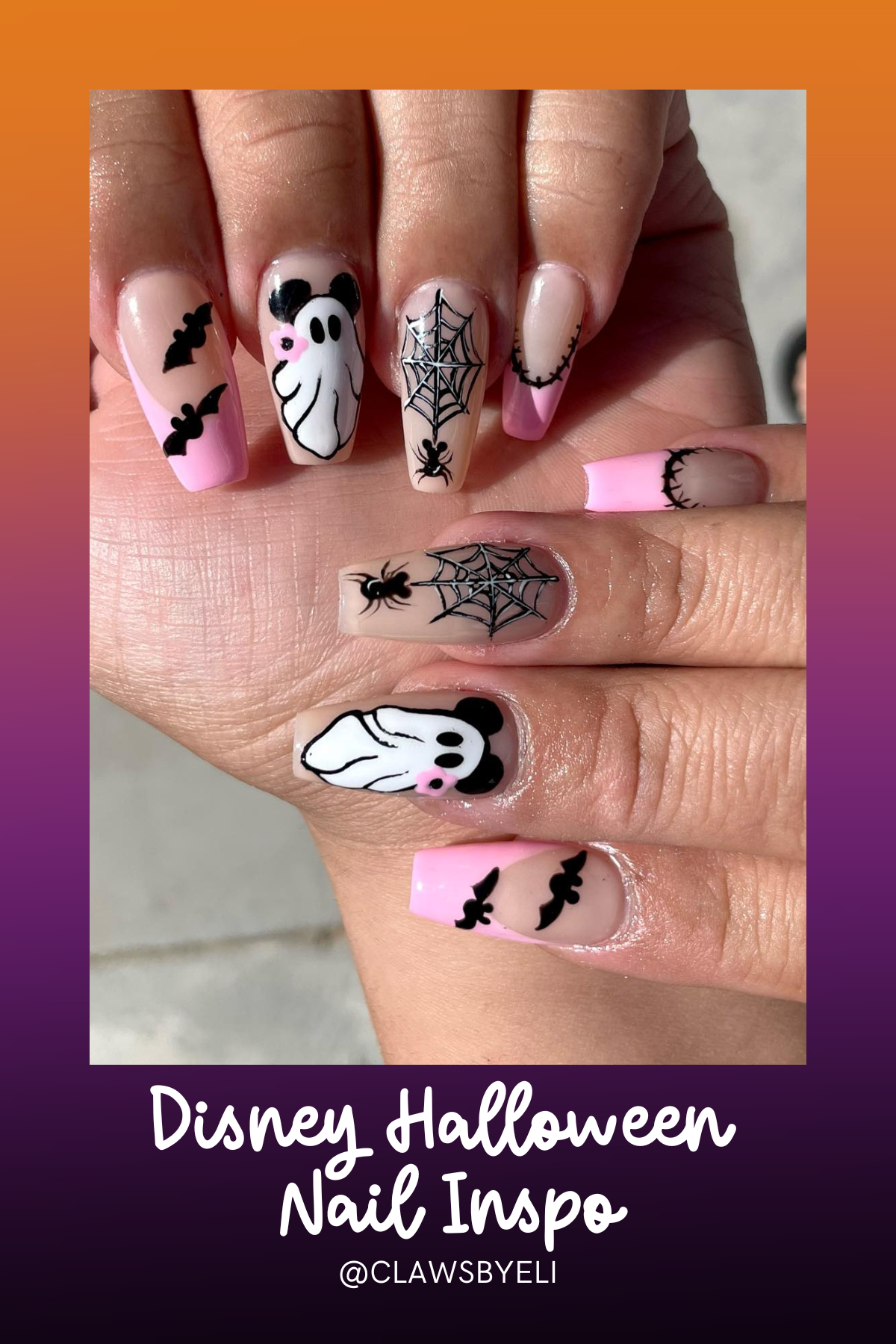 Channel your spooky side with these pastel pink tips featuring bats, webs, and the cutest ghost around! This playful design is perfect for a not-so-scary vibe while still giving Halloween flair!