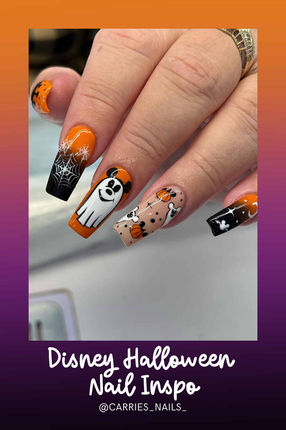 This set is all about bold orange and black with a Mickey ghost, webs, and pumpkins—perfect for anyone who wants their nails to scream Halloween fun at Disney