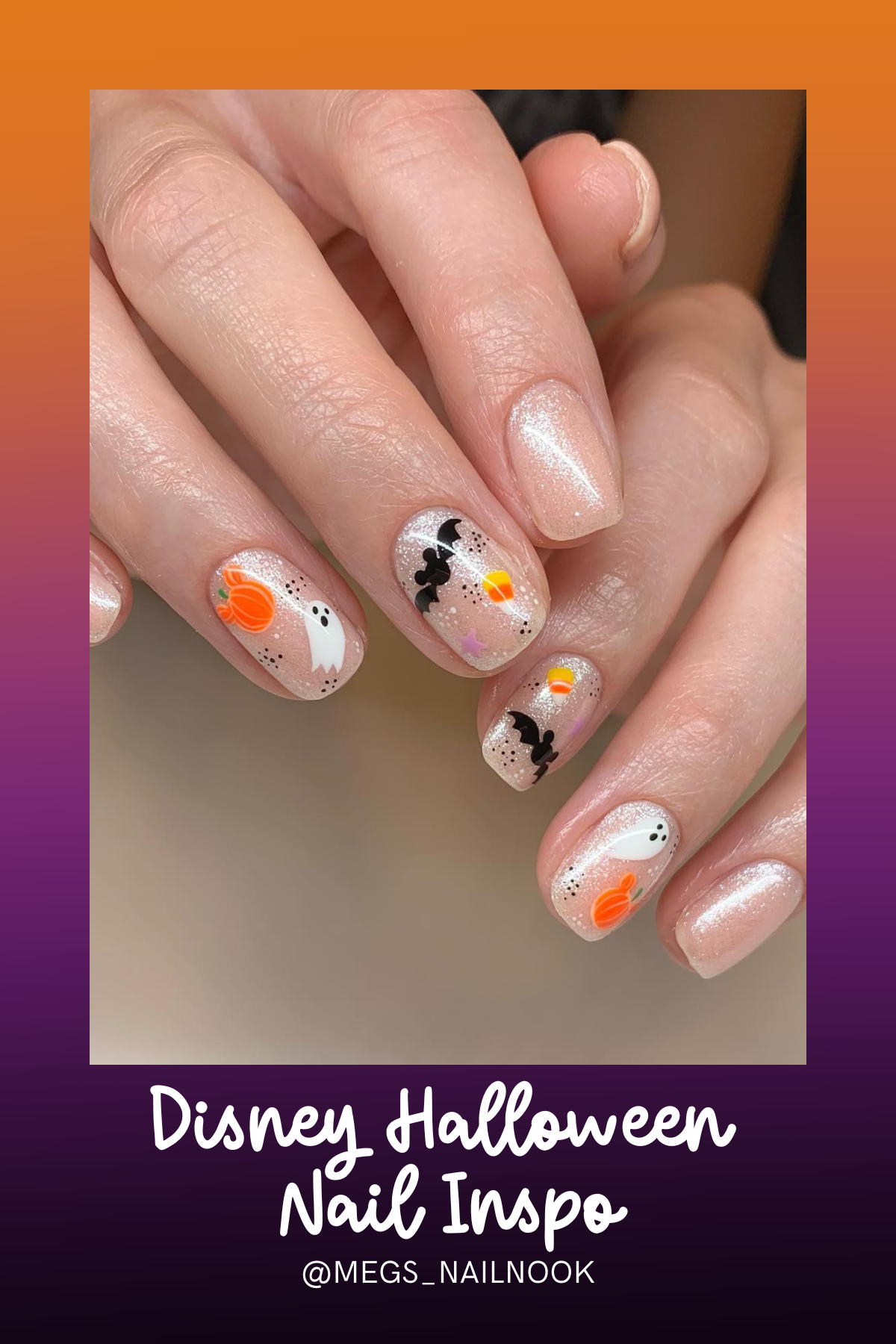 Subtle yet stylish, these nails feature playful pumpkins, candy corn, and cute ghosts that are perfect for anyone wanting to keep it chic but still festive for Disney’s Halloween events!