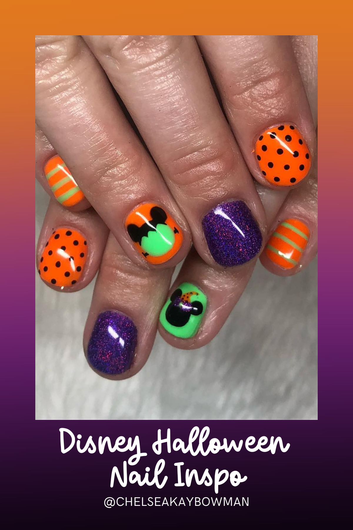 Bright oranges and spooky stripes meet cute Minnie Mouse silhouettes in this playful Halloween-inspired nail design, making it perfect for an evening at the parks!