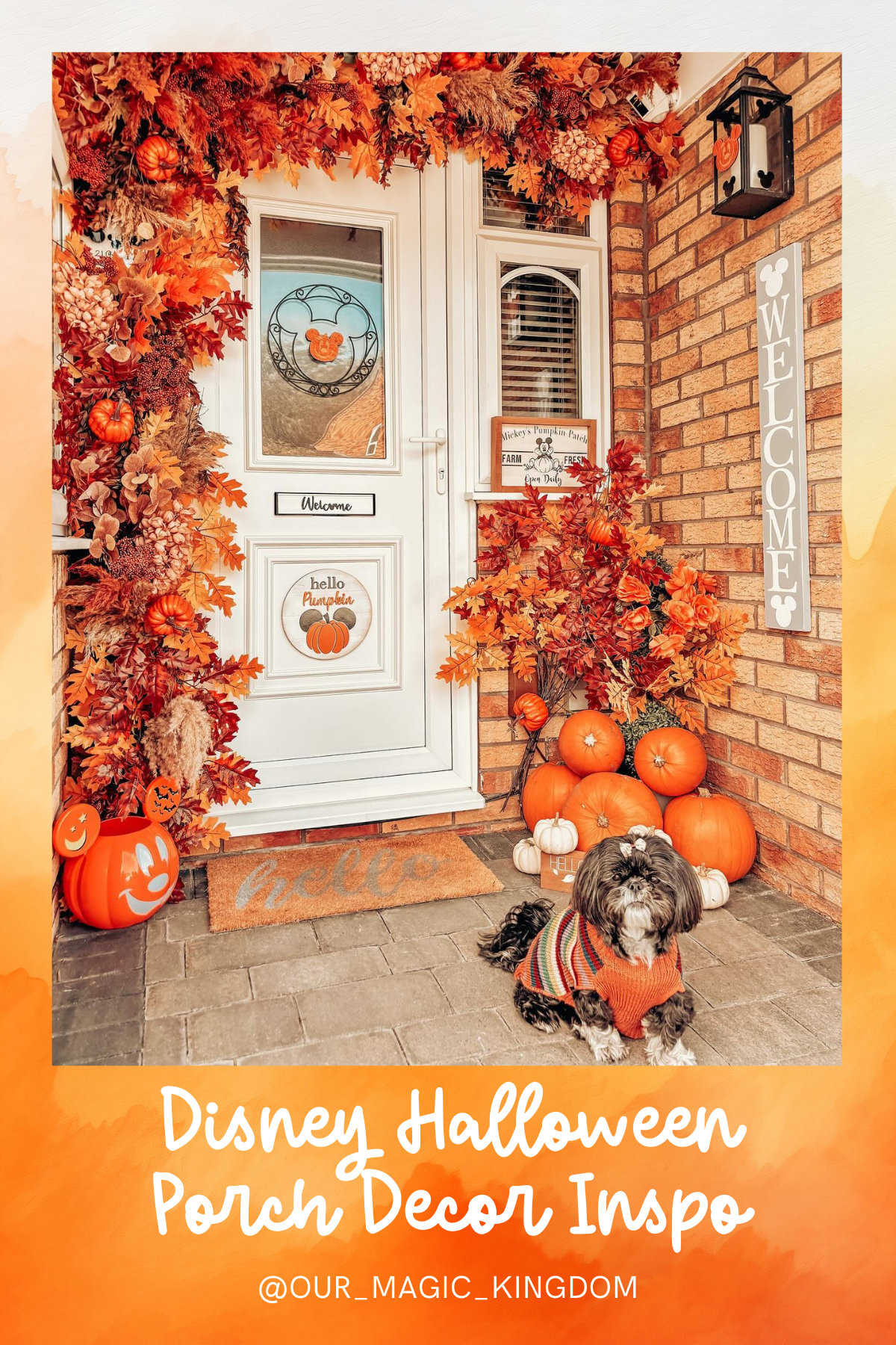 Harvest Mickey Display: With vibrant orange foliage, jack-o-lanterns, and Mickey accents, this porch creates a welcoming harvest vibe. The "Hello Pumpkin" sign and adorable dog in a sweater bring coziness to the Disney magic.