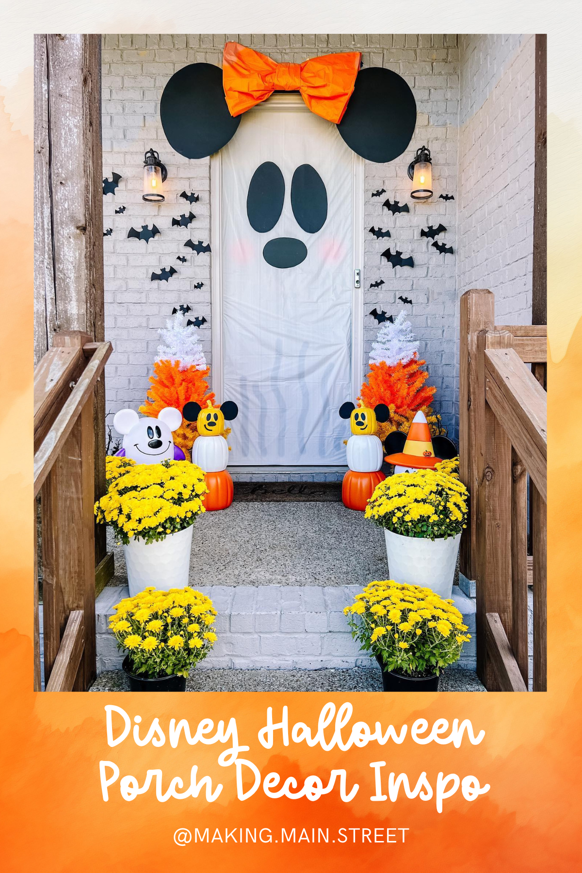 Minnie Ghostly Front Door: This porch is playful and bright with a ghostly Minnie Mouse door decoration, surrounded by cheerful yellow mums and Mickey-themed pumpkin characters. A perfect balance of spooky and cute for Halloween.