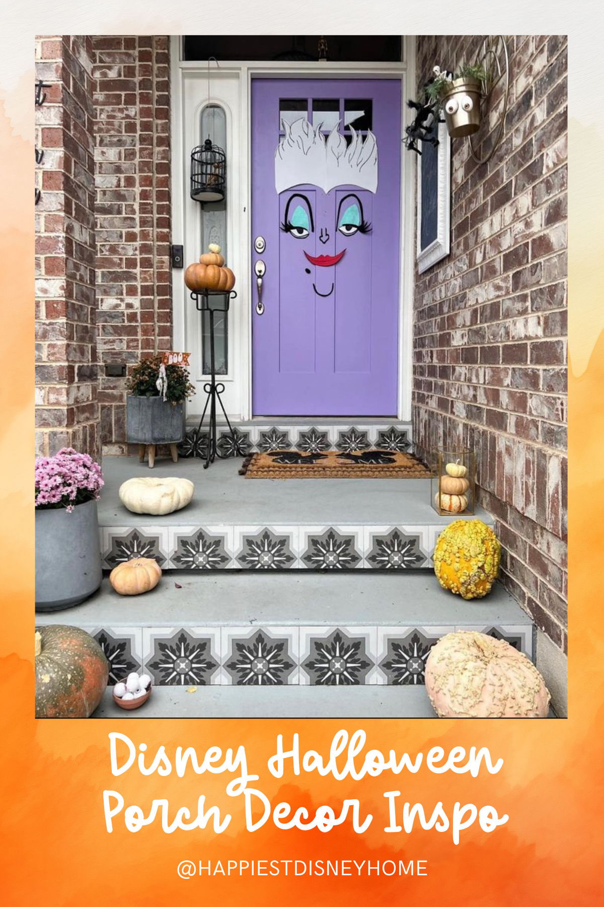 Ursula Inspired Door: Dive into the deep sea with this Ursula-inspired door design, featuring the villain’s signature look against a bold purple backdrop. Pumpkins and gothic decor round out this creatively spooky porch.