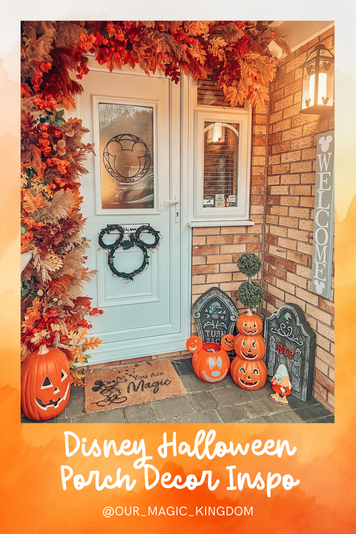 Autumn Magic Mickey Porch: This porch is filled with autumn warmth, featuring a Mickey-shaped wreath, glowing jack-o-lanterns, and tombstones, all surrounded by vibrant orange leaves. The "You Are Magic" doormat adds a whimsical Disney touch!