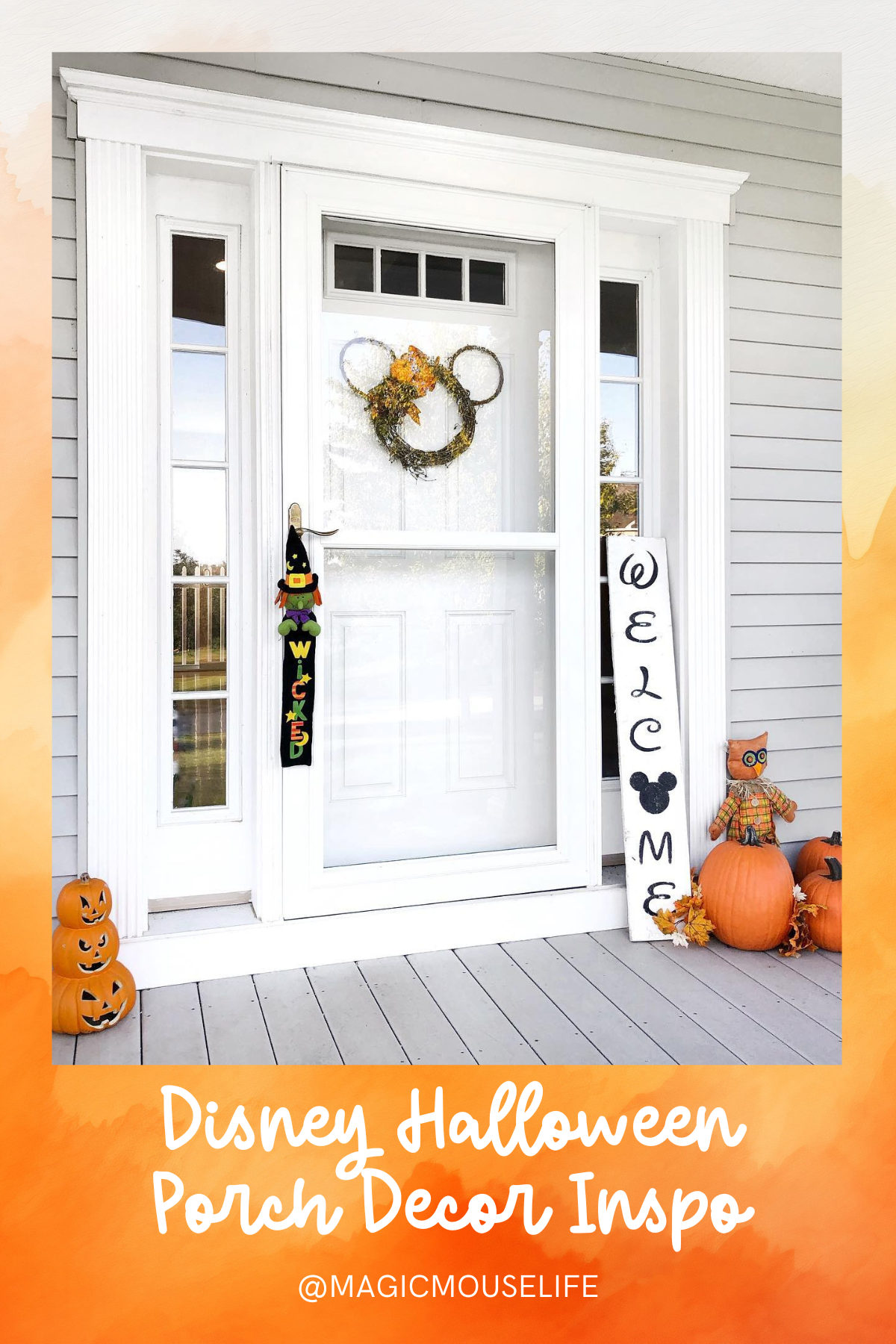 Clean and Classic Halloween Welcome: A clean, bright porch with a simple Mickey wreath and stacked pumpkins brings subtle Disney charm to the Halloween season. The "Wicked" witch decoration adds a playful touch to the scene.