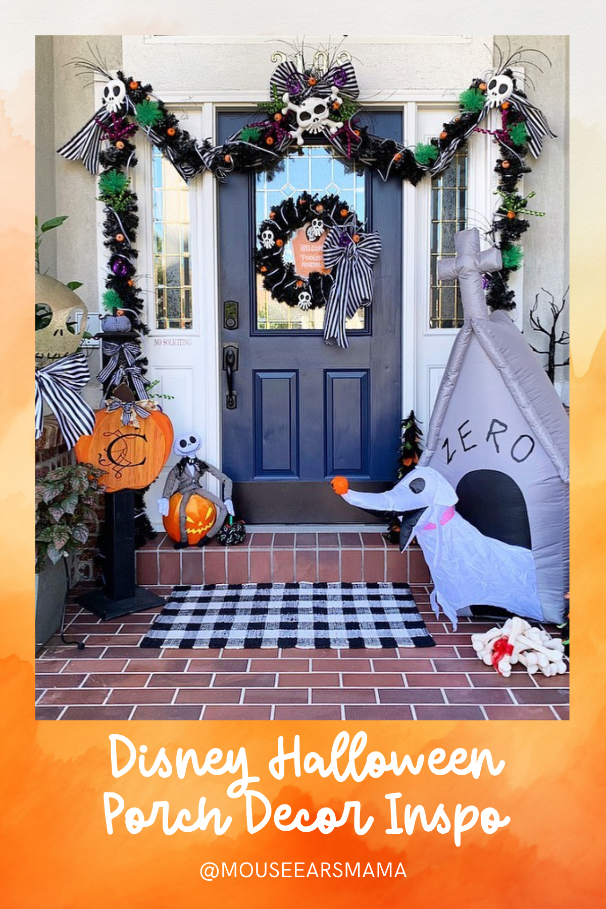 Nightmare Before Christmas Scene: This setup brings Halloween Town to life with Jack Skellington, Zero, and a wreath adorned with skulls and stripes. Perfect for fans of The Nightmare Before Christmas, it's spooky yet whimsical.