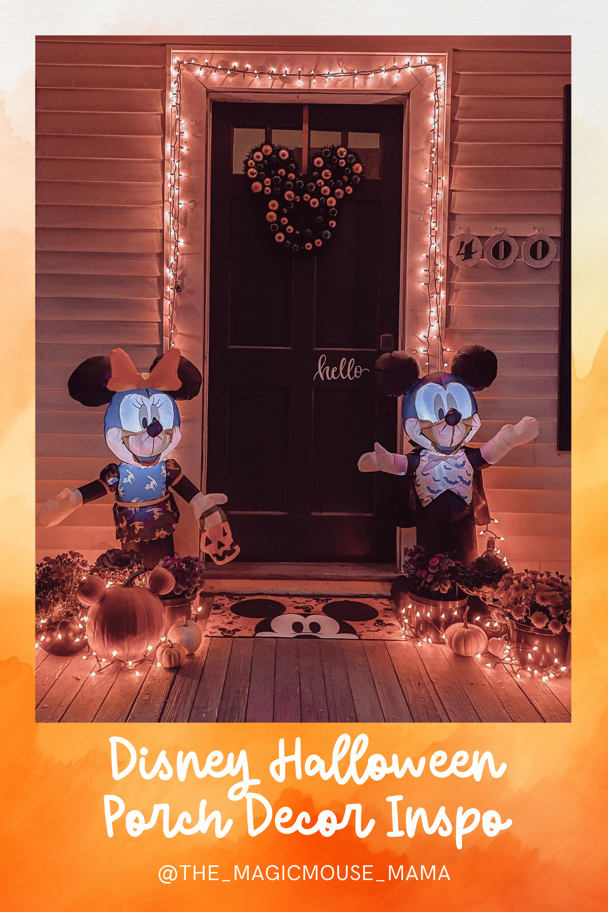 Illuminated Mickey and Minnie Figures: This porch glows with Disney magic, featuring illuminated Mickey and Minnie figures in their spooky attire, along with a Mickey-shaped wreath and pumpkins glowing warmly, creating a magical nighttime Halloween scene.