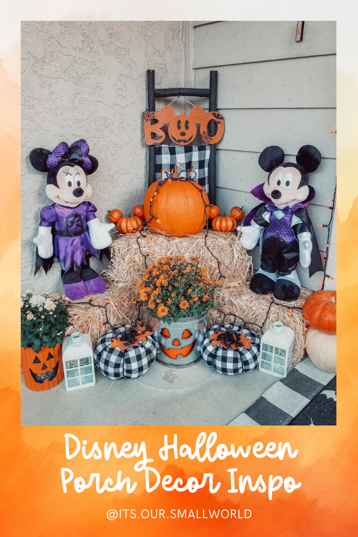 Mickey and Minnie on Hay Bales: Mickey and Minnie Mouse are all dressed up in their Halloween costumes, perched atop festive hay bales, surrounded by pumpkins and twinkling lights. This cute and cozy display adds a fun, playful vibe perfect for a Halloween porch!