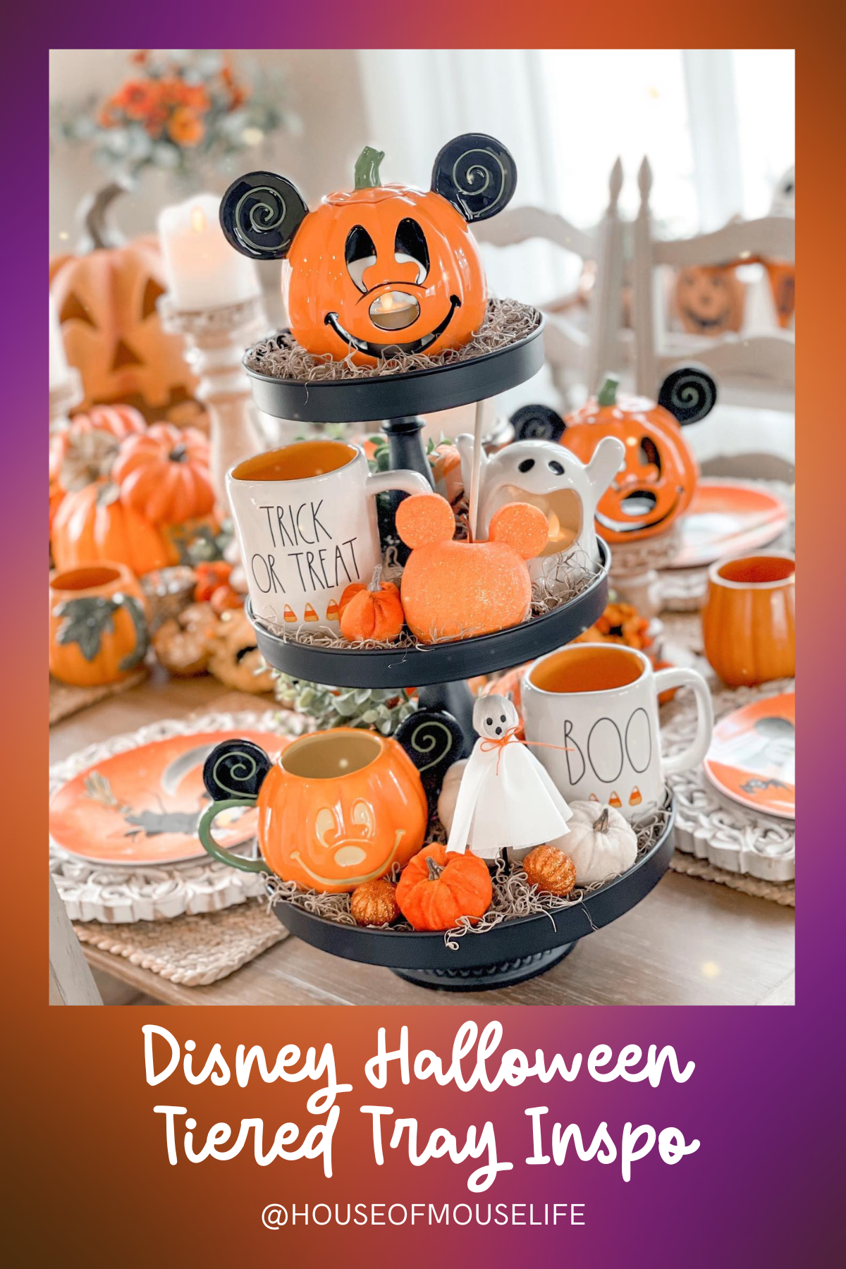 Pumpkin Treats Galore: A delightful collection of Mickey pumpkin mugs, ghosts, and treats are arranged on this tiered tray, creating a cozy Halloween atmosphere perfect for any Disney fan.