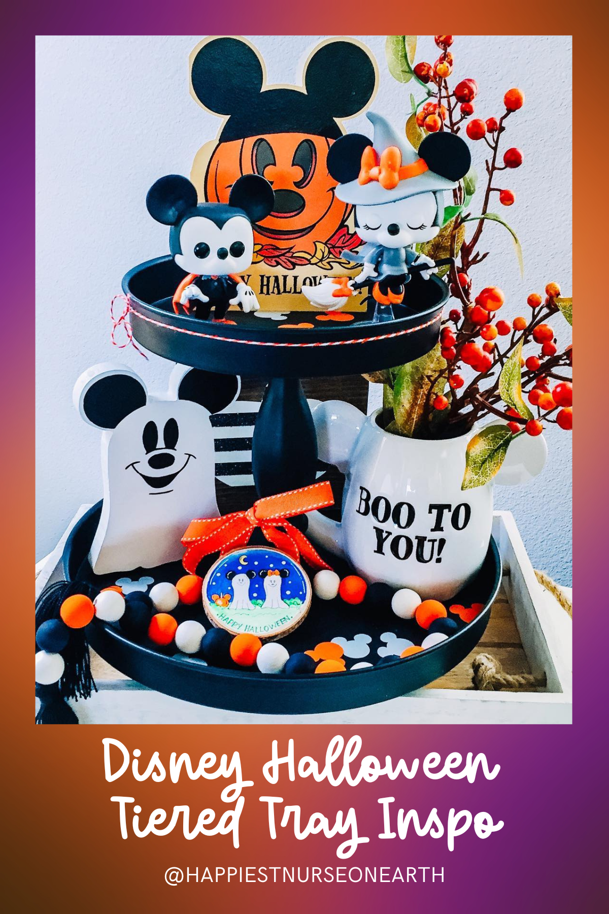 Boo to You Cuties: Mickey and Minnie figurines dressed for Halloween add a playful charm to this tray, which is accented with cheerful orange and white elements, perfect for the season.