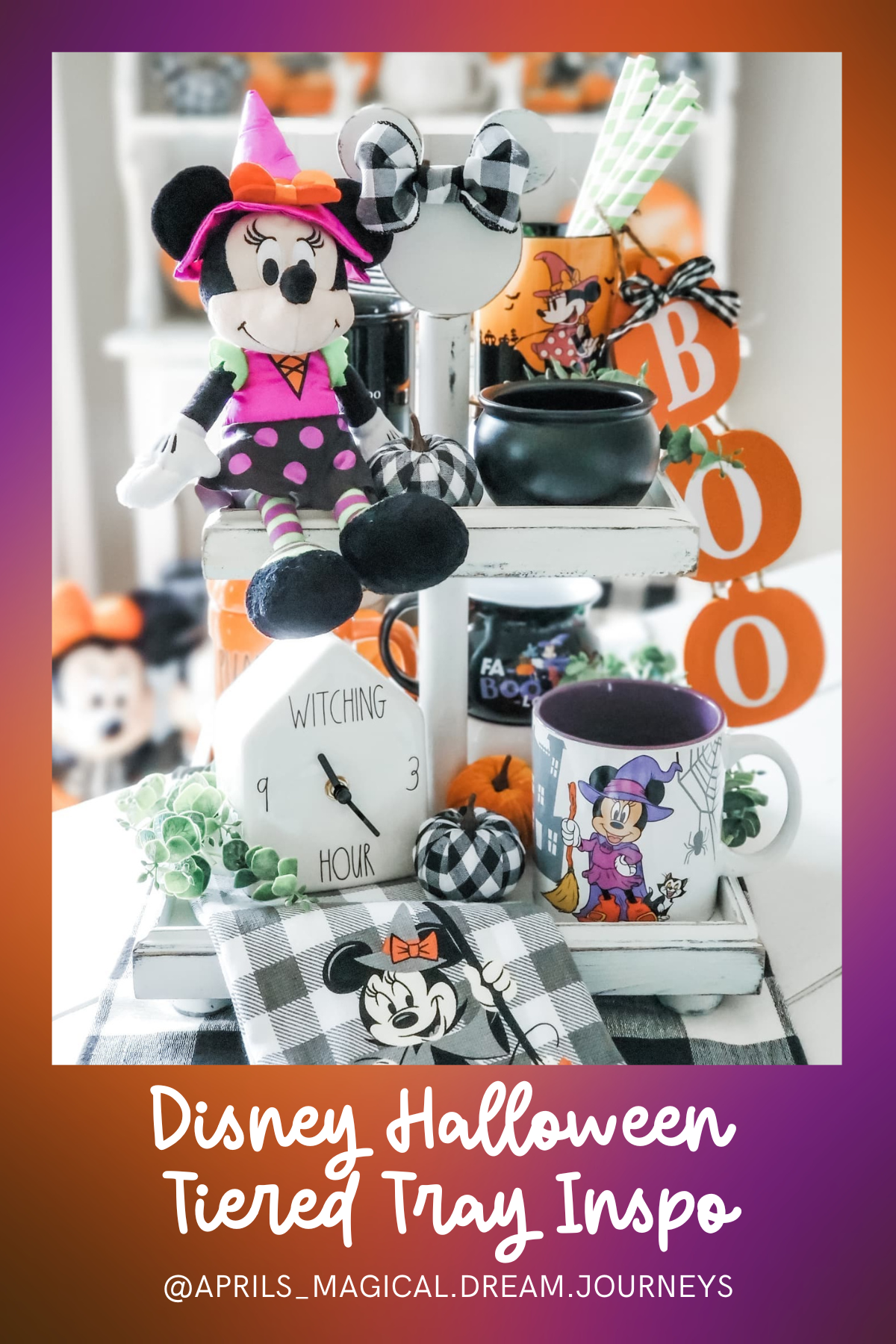 Witchy Minnie Magic: This setup is all about Minnie, featuring her in a witch’s outfit alongside cute mugs and pumpkins. It's a cheerful and bright way to bring Disney Halloween into your space.